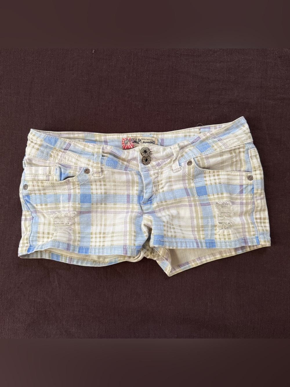 Vintage Y2K WallFlower Plaid Pastel Low Rise Mini Shorts Size 5 Floral Buttons